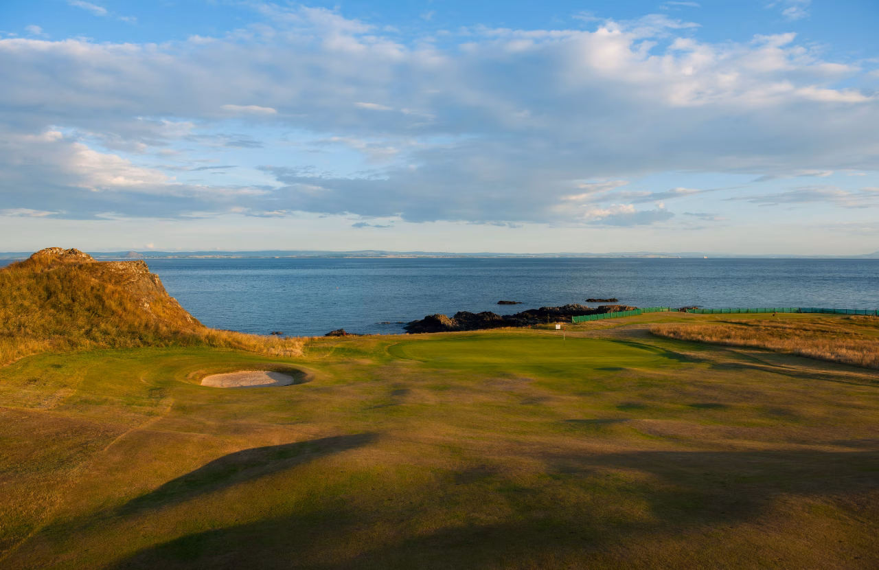 The Golf House Club, Elie beside the rocky Fife coastline.
