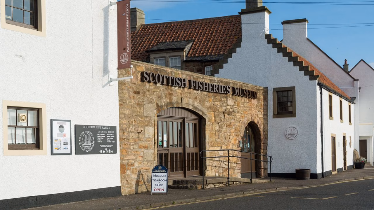 The Scottish Fisheries Museum entrance in traditional buildings beside Anstruther Harbour.