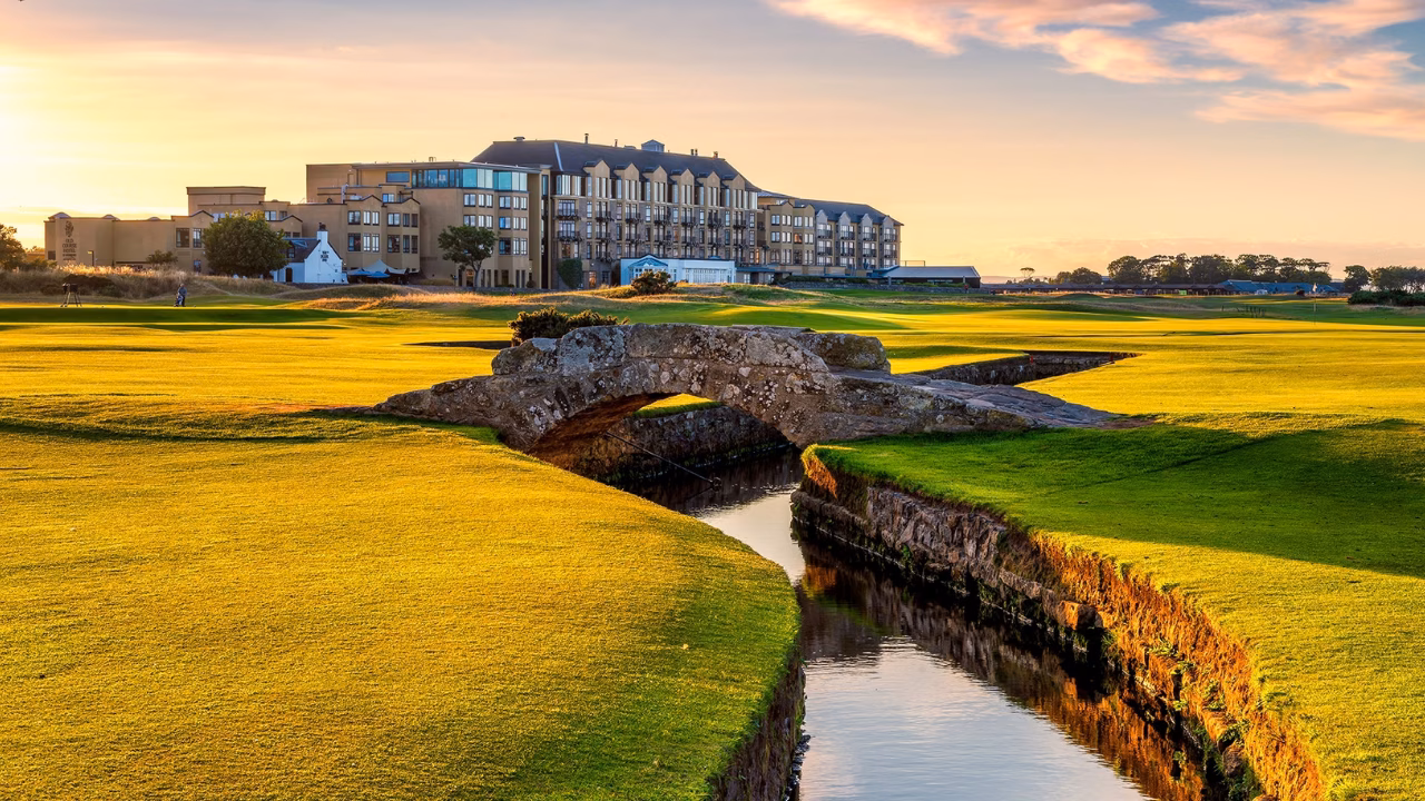 St Andrews Links' Old Course with the Swilcan Bridge and Old Course Hotel in the background.
