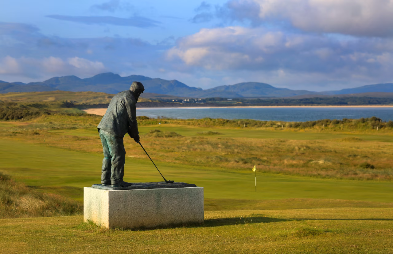 Statue of Old Tom Morris overlooking the links at Rosapenna in Donegal.