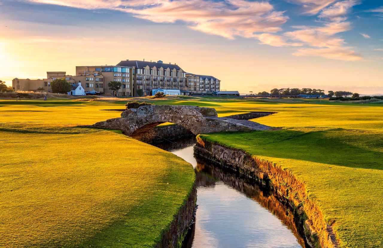 The Old Course with the Swilcan Bridge and Old Course Hotel in the background.