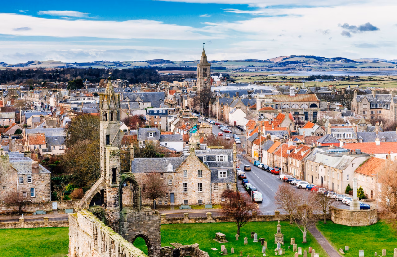 Historic buildings and church towers across the centre of St Andrews.