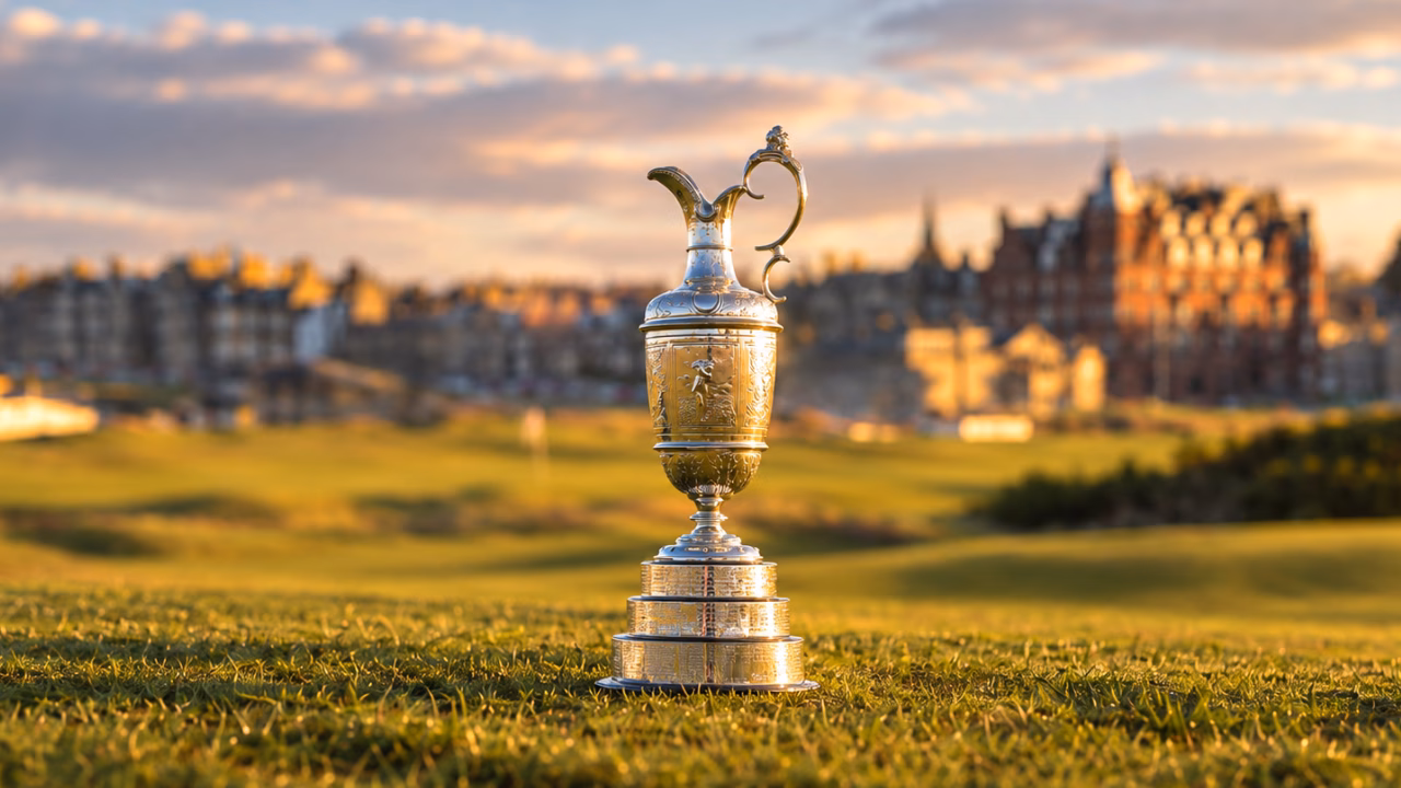 The Claret Jug on a golf course with St Andrews in the background.