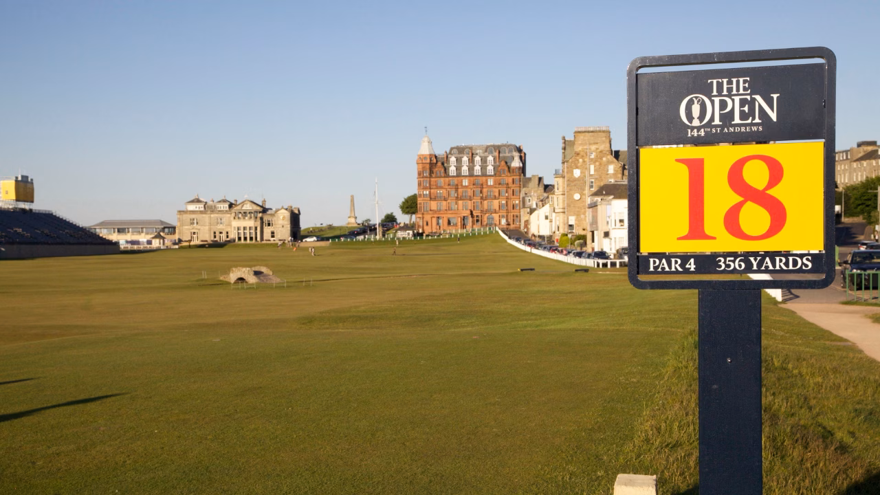 View down the Old Course's 18th fairway towards the green where the Valley of Sin is located.