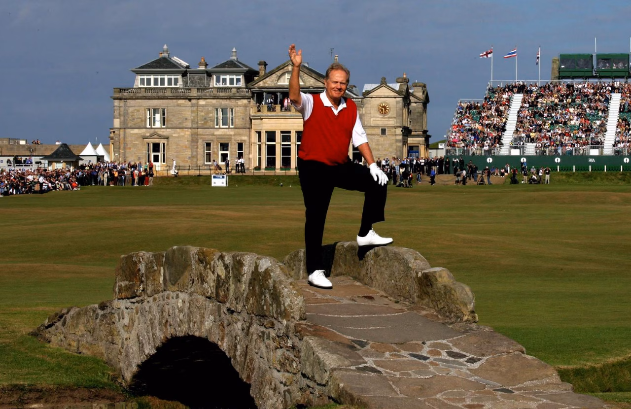 Jack Nicklaus waving from the Swilcan Bridge during his final major appearance in 2005.